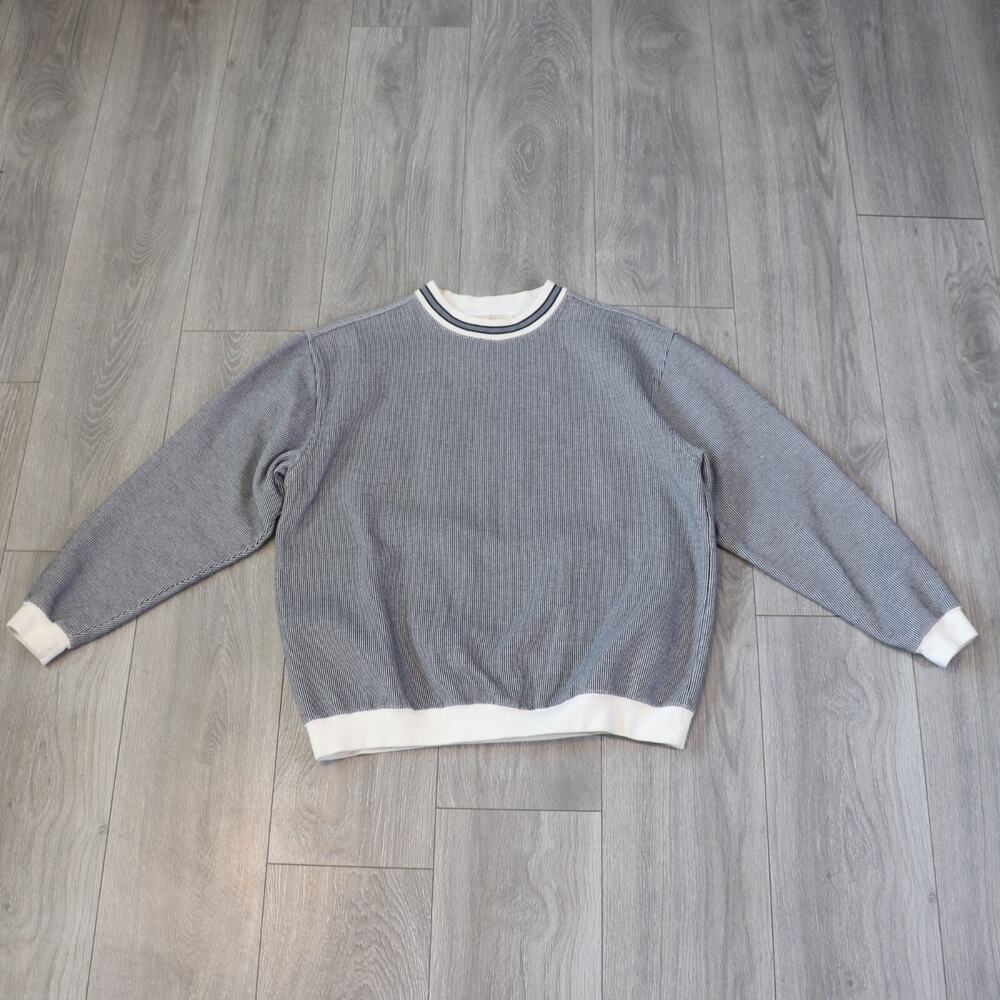 Norm Thompson Fleece Sweater Sweatshirt M Blue Cream Knit Pullover Long Sleeve